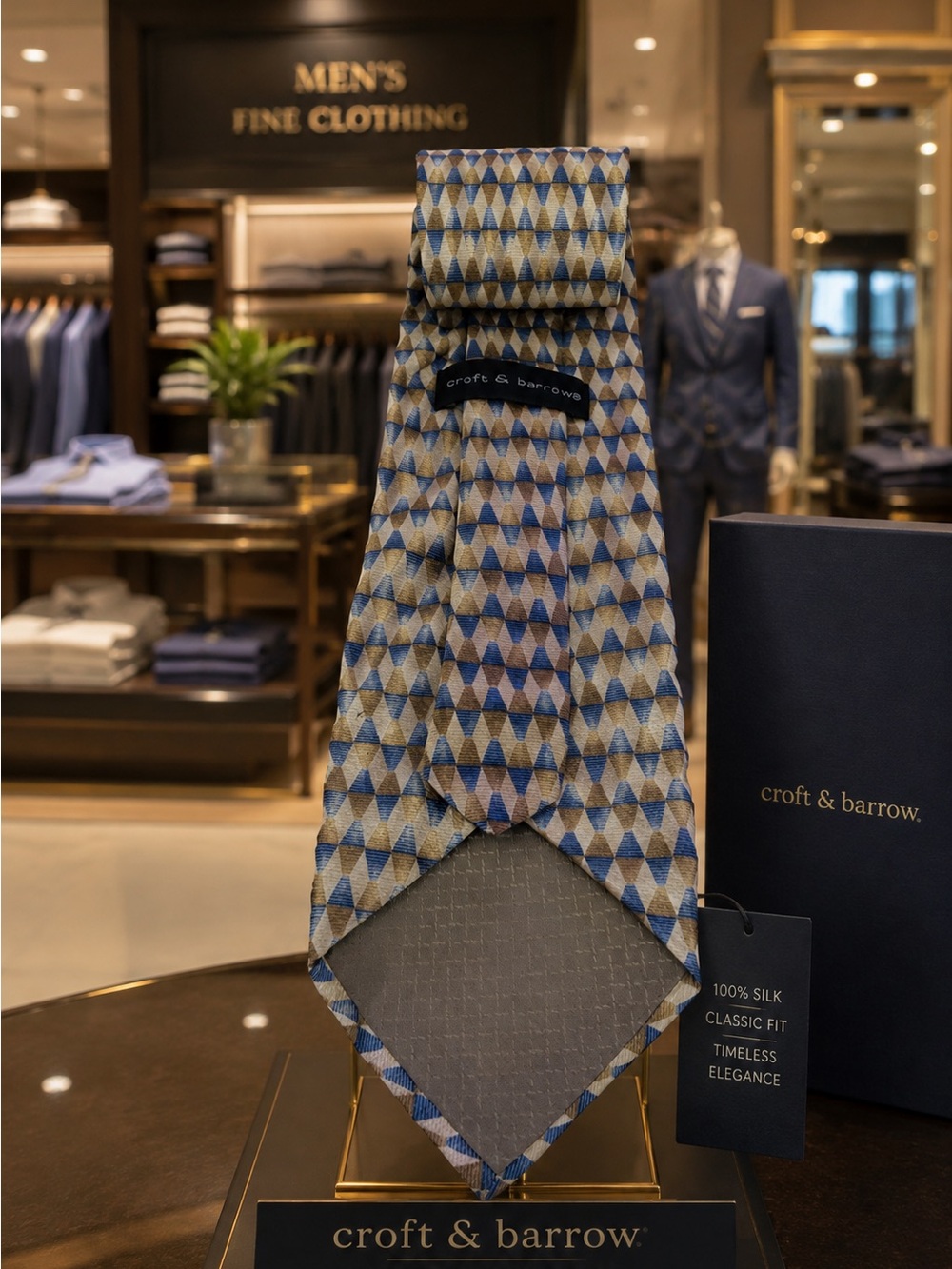 Croft & Barrow Men’s 100% Silk Geometric Necktie | Blue, Tan & Gold